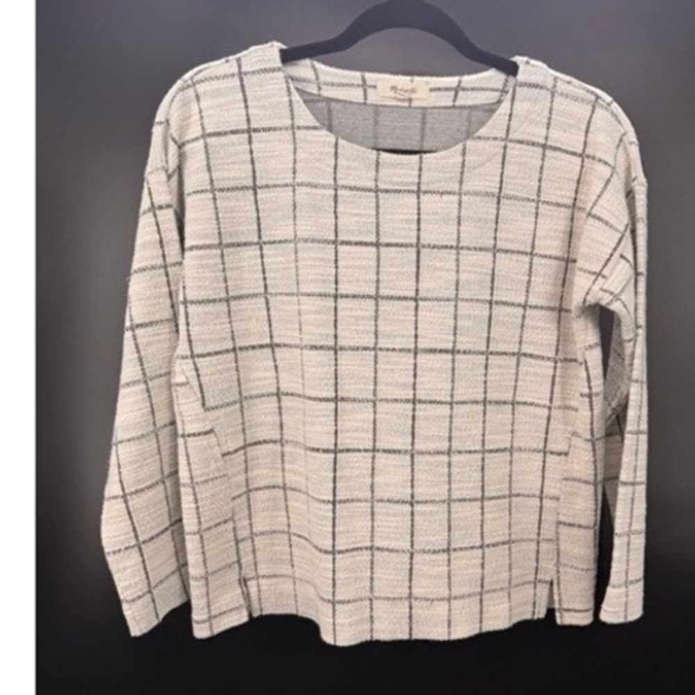 Madewell Black Cream Windowpane Plaid Textured Long Sleeve Top XL Minimalist